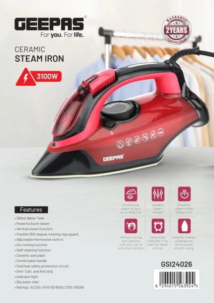 Geepas GSI24026 Ceramic Steam Iron Wet & Dry 350 ml 3100W Red /Black