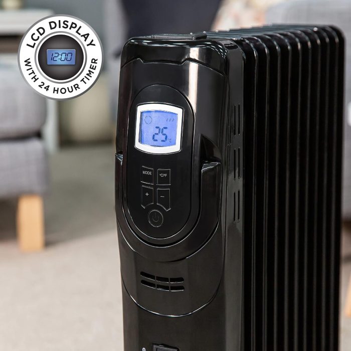 Russell Hobbs 2500W/2.5KW Oil Filled Radiator, 11 Fin Portable Electric Heater - Black, Display & 24 Hour Timer, Adjustable Thermostat, 3 Heat Settings,...